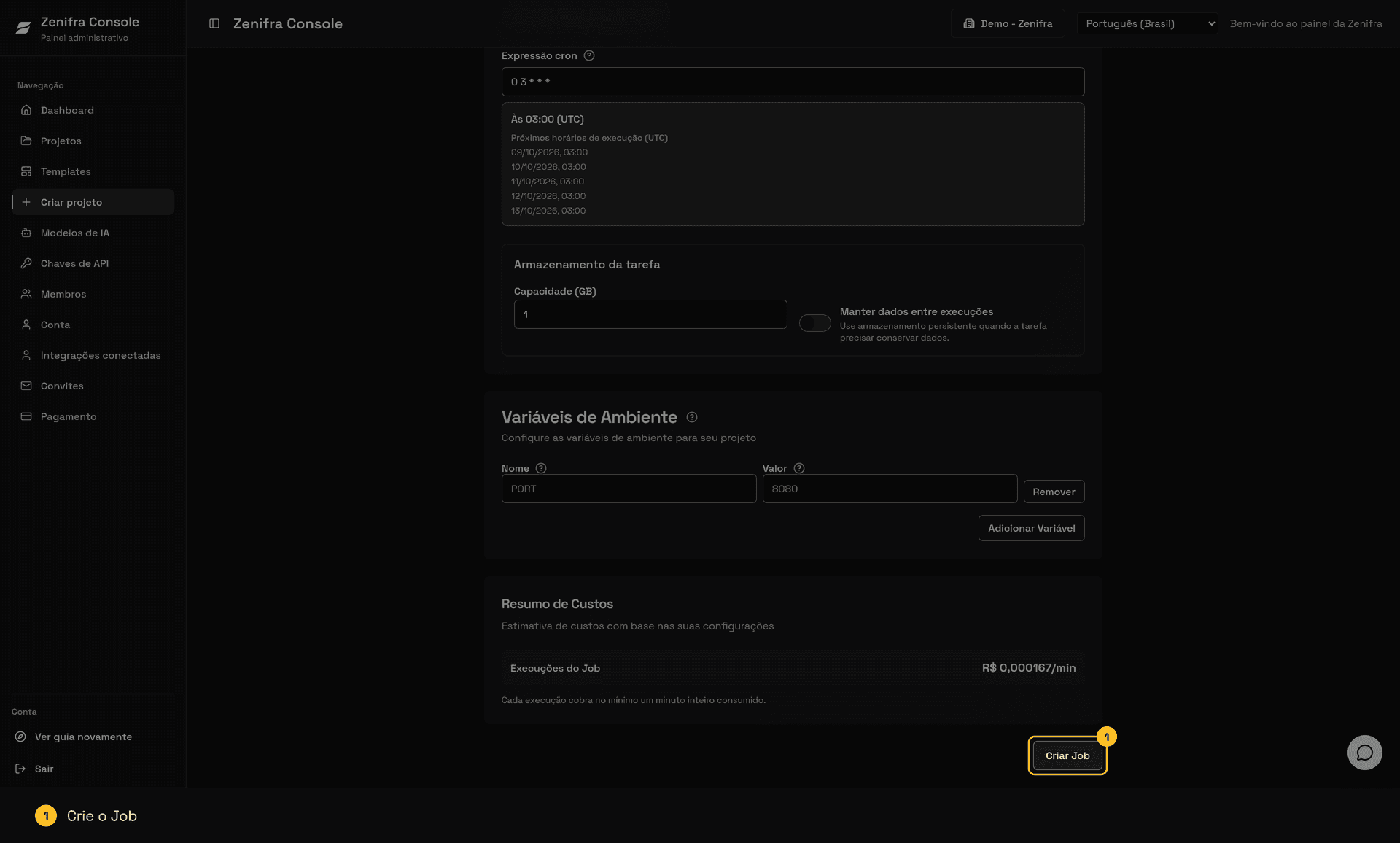 Resumo de Custos e botão Criar Job destacado